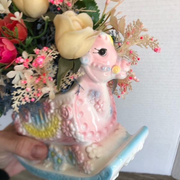Vtg Inarco Pink Rocking Horse Planter with Faux Florals - Picture 12 of 16
